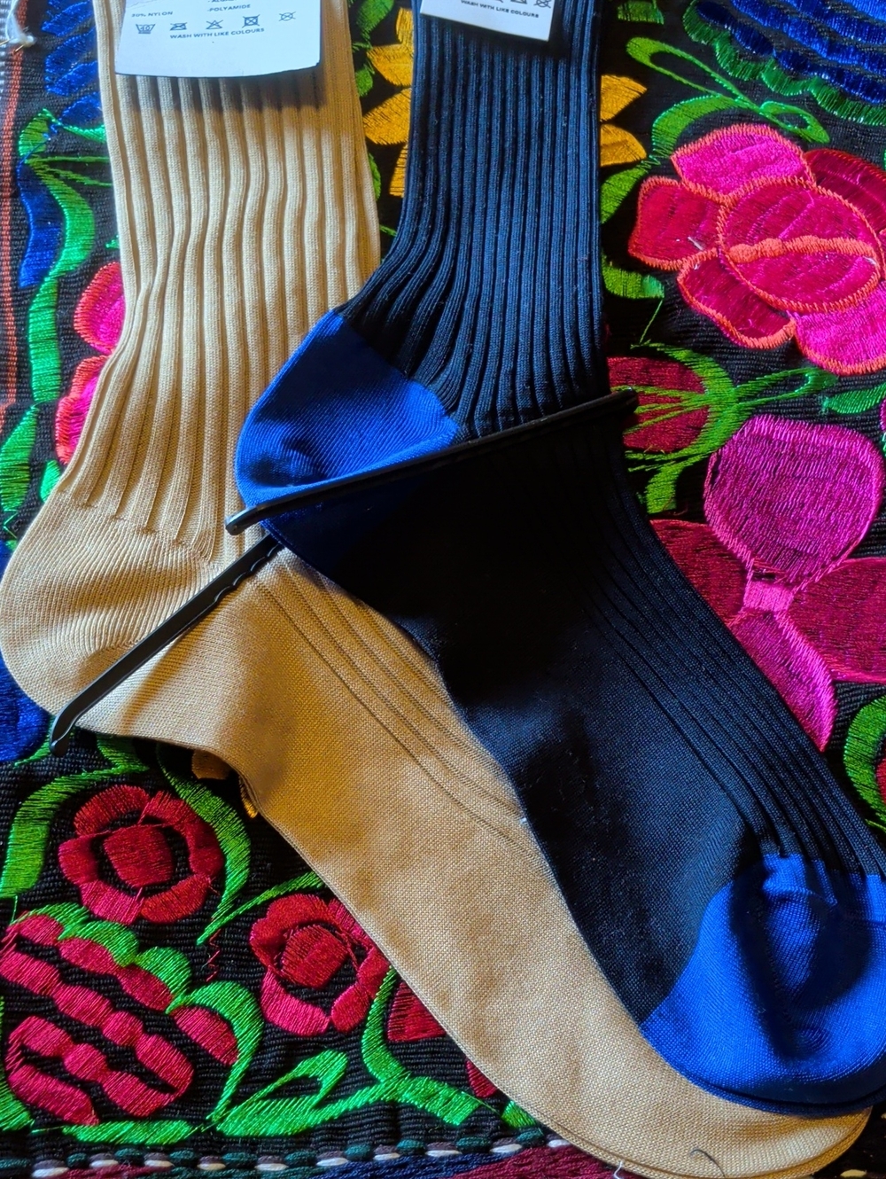 2 pairs Pantherella Ribbed Dress Socks in Beige and Navy with Blue Accents - Picture 5 of 7